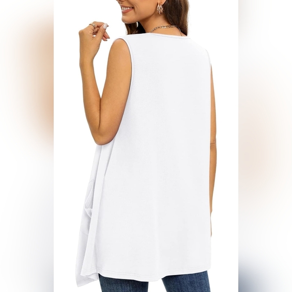 Size 2XL Women's White Knit Cardigan Sleeveless W/ Pockets High Low Hem Drape - Picture 3 of 5